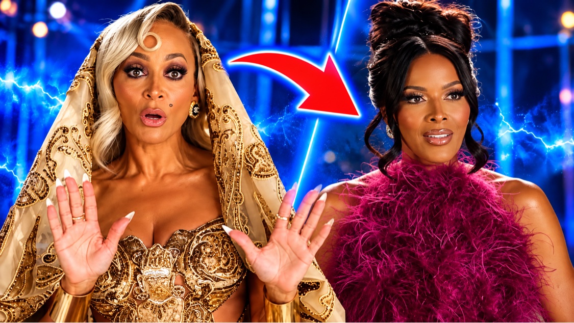 Karen Huger in a gold-embroidered gown and veil, hands raised (left), and Stacey Rusch in a magenta feathered top (right), on an electric blue stage backdrop with lightning and spotlights, a diagonal blue seam and a red arrow pointing from Karen to Stacey