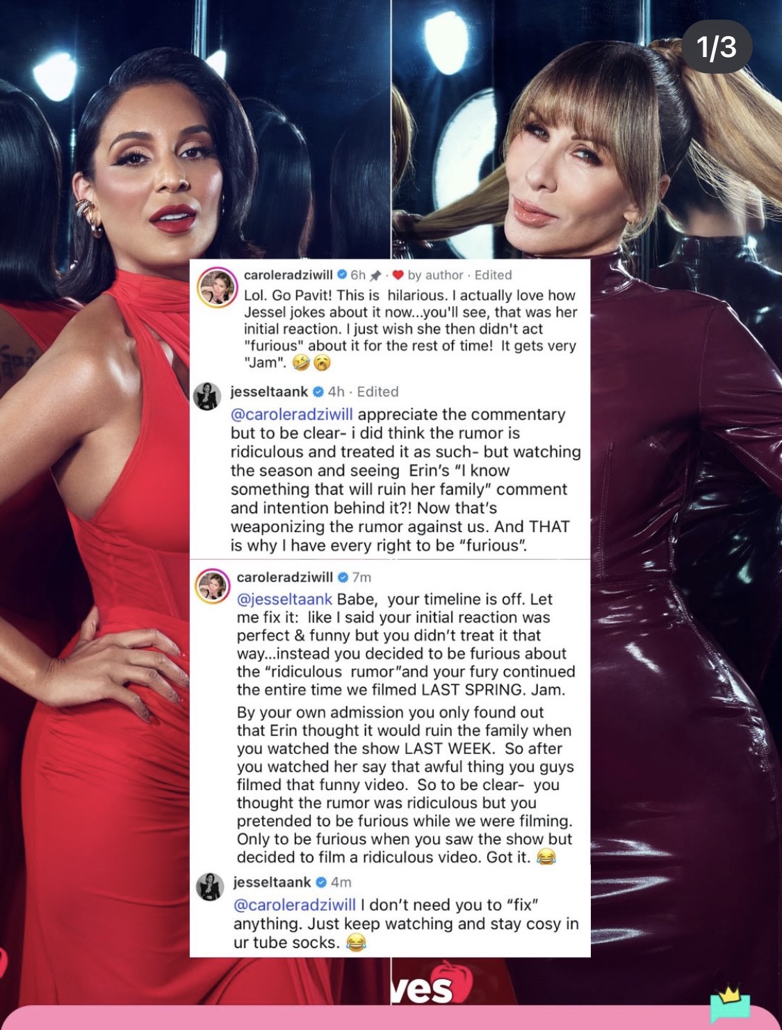 The comment thread under Pavit Randhawa's Instagram post as captured by @queensofbravo: Carole Radziwill's pinned comment, Jessel Taank's reply, Carole's timeline correction, and Jessel's 'tube socks' sign-off, over side-by-side portraits of Jessel and Carole