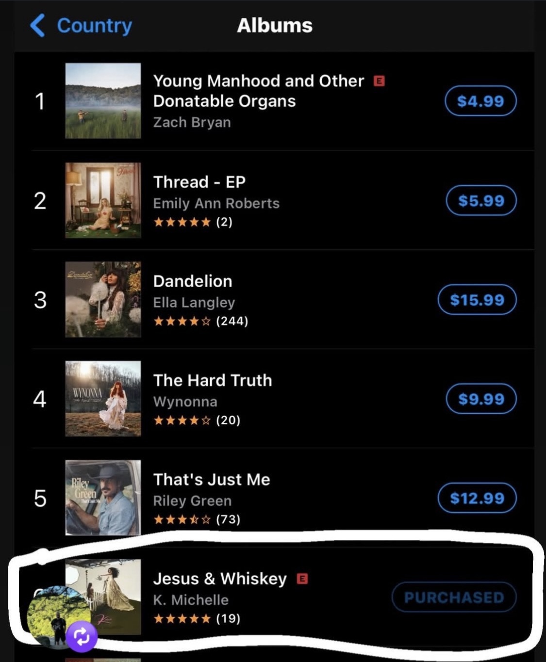 Screenshot of K. Michelle's Instagram story showing the iTunes country albums chart, with her album 'Jesus & Whiskey' at No. 6, below Zach Bryan, Emily Ann Roberts, Ella Langley, Wynonna and Riley Green, and Miranda Lambert below her