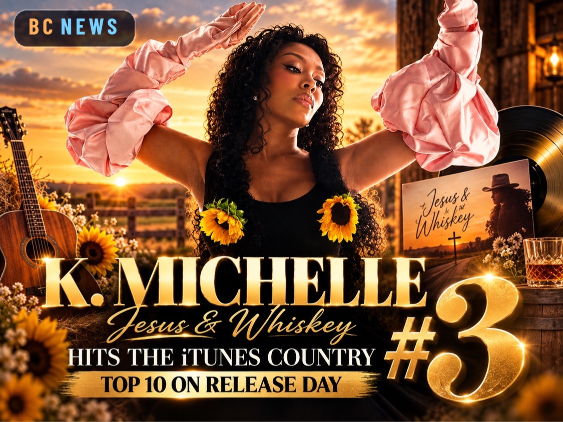 K. Michelle in a black gown with sunflowers at the chest and long pink gloves, both arms raised, in a sunset field set with a guitar at the left and her 'Jesus & Whiskey' album board and a gold record at the right — BC News cover art with the BC News badge at the top left, reading 'K. Michelle — Jesus & Whiskey — Hits the iTunes Country Top 10 on Release Day — #3'