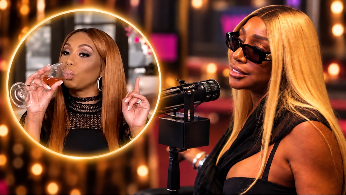 NeNe Leakes at a studio microphone wearing sunglasses (right), with Tamar Braxton in a glowing gold circle inset holding a drink and raising a finger (left) — the cover art for the story of NeNe Leakes saying she does not see the fit for Tamar Braxton on The Real Housewives of Atlanta